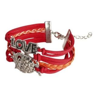 Zodaca 7 to 9 inch Adjustable Red Orange Braided Velvet and Leather Cord Bracelet with Silver Owl Design
