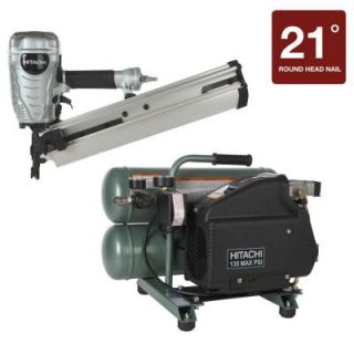 Hitachi 2 Piece 3.5 in. Plastic Strip Framing Nailer and 4 Gal. Portable Twin Stack Air Compressor Kit KCT 90E H