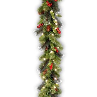 Pre lit Crestwood Spruce Garland with Silver Bristles, Cones, Red