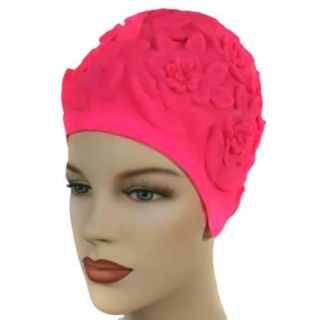 Luxury Divas Hot Pink Floral Vintage Style Latex Swim Bathing Cap