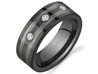 3 Stone 8 mm Comfort Fit Mens Black and Silver Tone Tungsten Wedding Band Ring Size 9