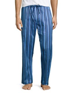 Derek Rose Satin Striped Pajama Pants, Blue