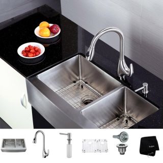 Kraus Kitchen Combo Set Stainless Steel Farmhouse Double Sink/Faucet