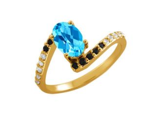 1.19 Ct Oval Checkerboard Swiss Blue Topaz Black Diamond 14K Yellow Gold Ring
