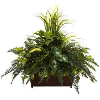 Nearly Natural Mixed Grass and River Fern in Wood Planter
