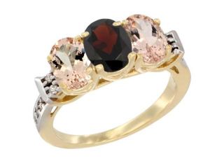 14K Yellow Gold Natural Garnet & Morganite Sides Ring 3 Stone Oval 7x5 mm Diamond Accent, sizes 5   10