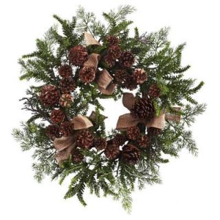 Nearly Natural 24 in. Pine and Pine Cone Artificial Wreath with Burlap Bows 4888
