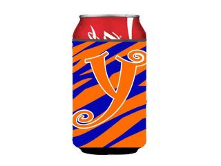 Letter Y Initial Monogram   Tiger Stripe Blue and Orange Can Beverage Insulator Hugger