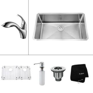 KRAUS All in One Undermount Stainless Steel 30x18x11 in. 0 Hole Single Bowl Kitchen Sink with Chrome Accessories KHU100 30 KPF2210 KSD30CH