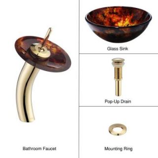 KRAUS Glass Bathroom Sink in Fire Opal with Single Hole Single Handle Low Arc Waterfall Faucet in Gold DISCONTINUED C GV 400 14 12mm 10G