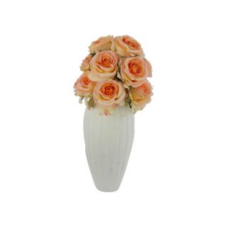 Laurette Faux Floral Arrangement with Peach Roses in White Ceramic