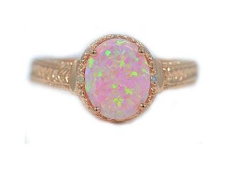 10x8mm Pink Opal & Diamond Oval Ring Sterling Silver 14Kt Rose Gold Plated