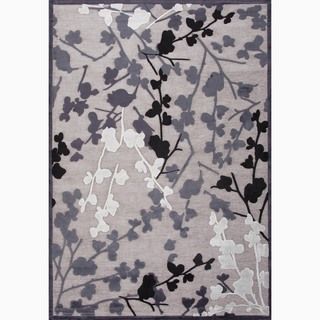 Hand Made Floral Pattern Gray/ Black Art Silk/ Chenille Rug (5x7.6)