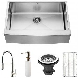 VIGO Industries VG15103 Kitchen Sink Set, Farmhouse Sink, Faucet, Grid, Strainer & Dispenser   Stainless Steel