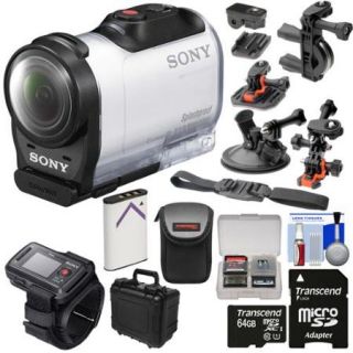 Sony Action Cam HDR AZ1 Mini HD Video Camera Camcorder & Live View Remote with 64GB Card + Battery + 2 Helmet, Flat Surface, Suction Cup & Handlebar Mounts + 2 Cases Kit