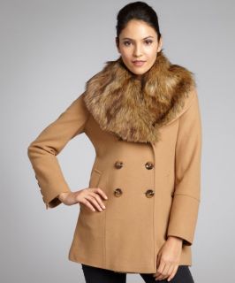 Nicole Miller Camel Wool Blend Detachable Faux Fur Collar Double Breasted Peacoat (318931301)