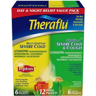 Theraflu Cold & Flu Relief Day/Night Value Pack, Hot Liquid Powder, Green Tea & Honey Lemon Flavors, 12 Packets