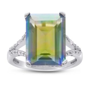 Sterling Silver 10ct Emerald cut Rainbow Amethyst Diamond Accent Ring