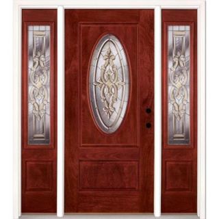 Feather River Doors 67.5 in. x 81.625 in. Silverdale Zinc 3/4 Oval Lite Stained Cherry Mahogany Fiberglass Prehung Front Door with Sidelites 712594 3B3