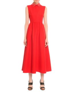 Valentino Leather Collared Tea Length Dress, Red
