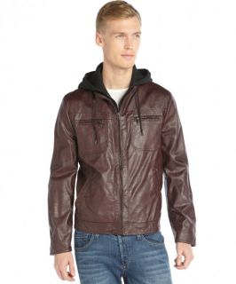 Kenneth Cole Reaction Burgundy Faux Leather Hooded Zip Front Jacket (335367202)