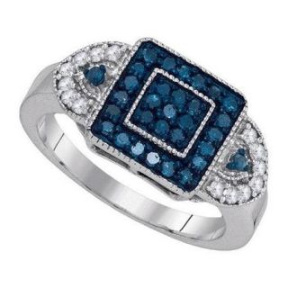 10K White Gold 0.50ctw Glamorous Blue Pave Diamond Milgrain Fashion Square Ring