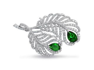 Bling Jewelry Simulated Emerald CZ Peacock Feather Brooch Rhodium Plated