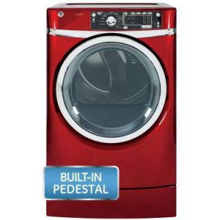 GE 8.3 cu. ft. RightHeight Front Load Electric Dryer with Steam in Ruby Red, Pedestal Included GFDR485EFRR