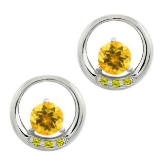 0.94 Ct Round Yellow Citrine and Canary Diamond 14k White Gold Earrings