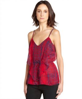 Aryn K Red And Violet Printed Silk Spaghetti Strap Blouse (325288601)