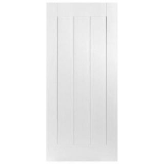 Masonite 28 in. x 80 in. Saddlebrook Smooth 1 Panel Plank Hollow Core Primed Composite Single Prehung Interior Door 10782