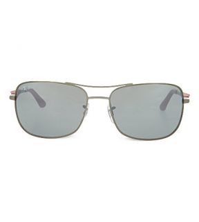 RAY BAN   Matte gunmetal square sunglasses with red arms and mirrored grey lenses RB3515 61