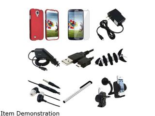 Insten 9 in 1 Red Rubber Hard Case + Clear LCD Protector + USB Cable + Charger Compatible with Samsung Galaxy S4 4 i9500