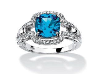 1.97 TCW Cushion Cut Blue Cubic Zirconia Halo Cocktail Ring in Platinum over Sterling Silver