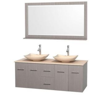 Wyndham Collection Centra 60 in. Double Vanity in Gray Oak with Marble Vanity Top in Ivory, Marble Sinks and 58 in. Mirror WCVW00960DGOIVGS5M58
