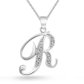 Bling Jewelry 925 Sterling Silver CZ Cursive Initial Letter R Alphabet Necklace 16in