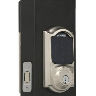 Schlage Connect Camelot Satin Nickel Touchscreen Deadbolt with Alarm and Handleset with Accent Interior Lever FE469NX ACC 619 CAM LH
