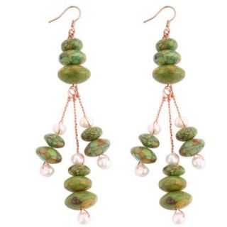 3" Cultured Freshwater Pearl & Green Turquoise Handmade Chandelier Earrings