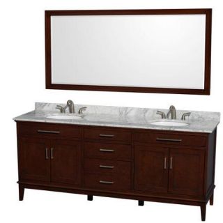Wyndham Collection Hatton 80 inch Double Bathroom Vanity in Dark Chestnut, White Carrera Marble Countertop, Undermount Oval Sinks, and 70 inch Mirror