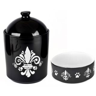 Tara Reed Designs Fleur De Lis Black/ White Pet Canister and Pet Bowl