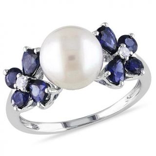 10K White Gold Cultured Freshwater Pearl, Diamond and Sapphire "Flower" Ring   7665393