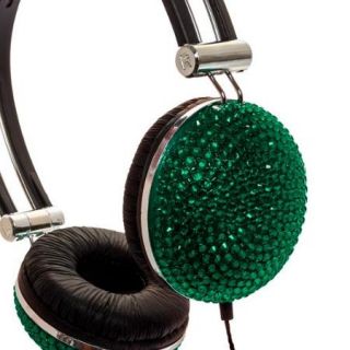 Emerald Green Crystal Rhinestone Bling DJ Over Ear Headphones Headset Earphones