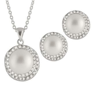 Sterling Silver White Button Shape Freshwater Pearls and CZ Estate