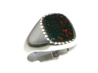 Luxury Sterling Silver Mens Cushion Cut Bloodstone Signet Ring   Size 9.75   Finger Sizes 8 to 12 Available
