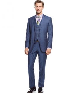 Perry Ellis Blue Sharkskin Vested Slim Fit Suit   Suits & Suit