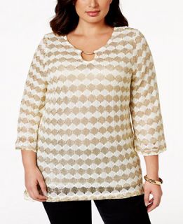 JM Collection Plus Size Metallic Knit Keyhole Top, Only at