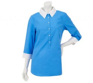 Denim & Co. 3/4 Sleeve Color Block Hi Low Hem Tunic Big Shirt —