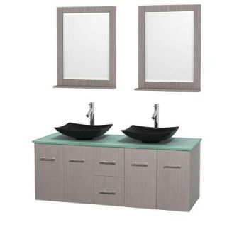 Wyndham Collection Centra 60 in. Double Vanity in Gray Oak with Glass Vanity Top in Green, Black Granite Sinks and 24 in. Mirrors WCVW00960DGOGGGS4M24