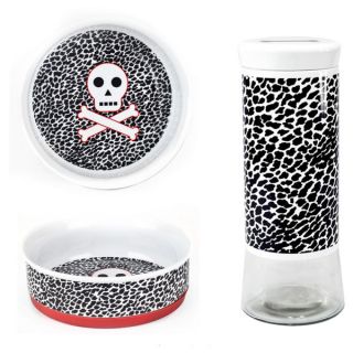 Ceramic Skull/ Cross Bones Small Bowls and Cheetah Glass Jar (Set of 3
