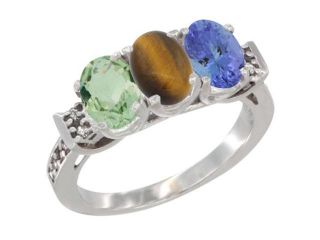 14K White Gold Natural Green Amethyst, Tiger Eye & Tanzanite Ring 3 Stone 7x5 mm Oval Diamond Accent, sizes 5   10